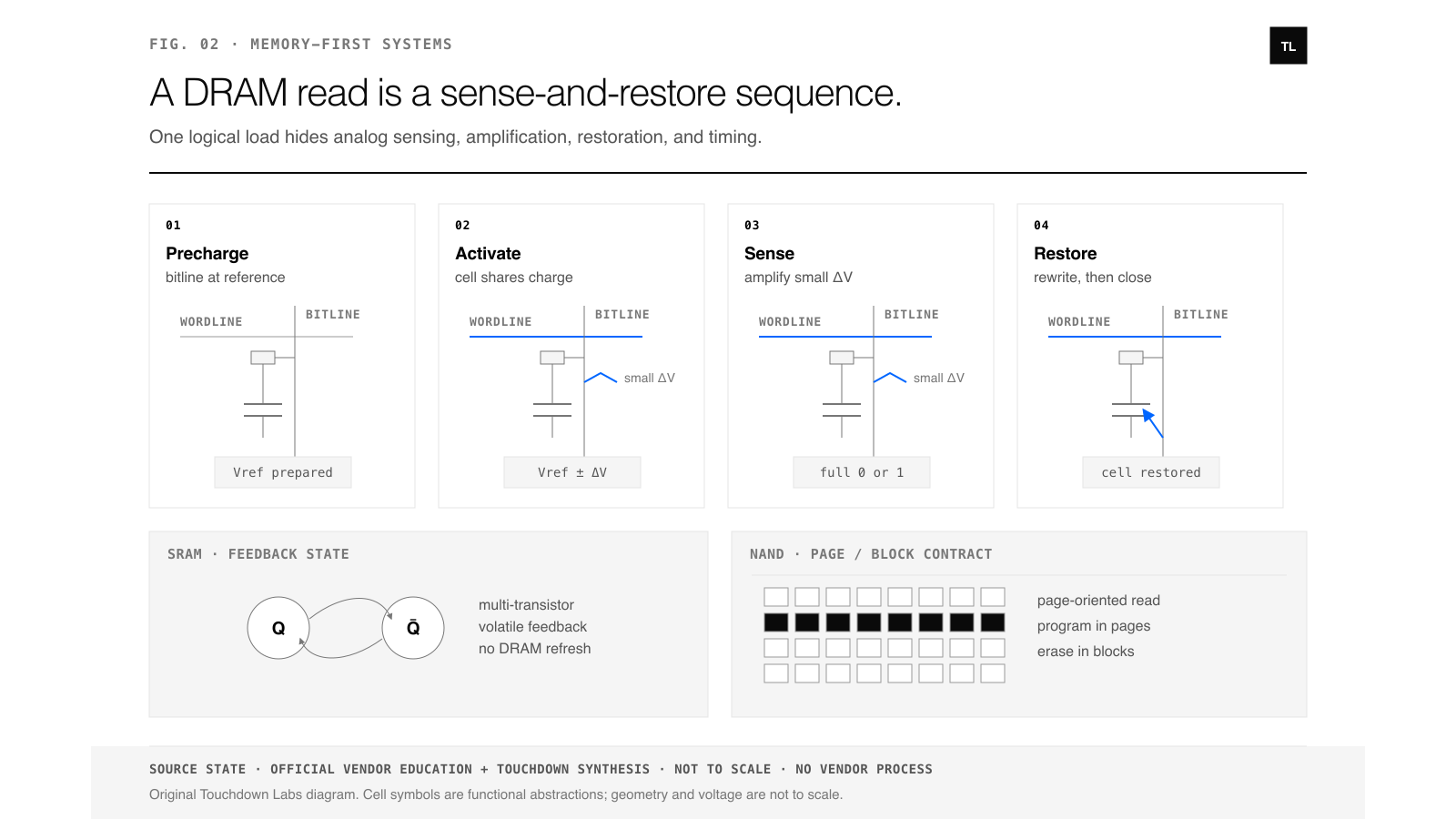 Four panels show a precharged DRAM bitline, wordline activation and charge sharing, sense amplification into a full logic level, and restoration of the cell before precharge. Small side diagrams contrast an SRAM feedback cell and page-oriented NAND storage.