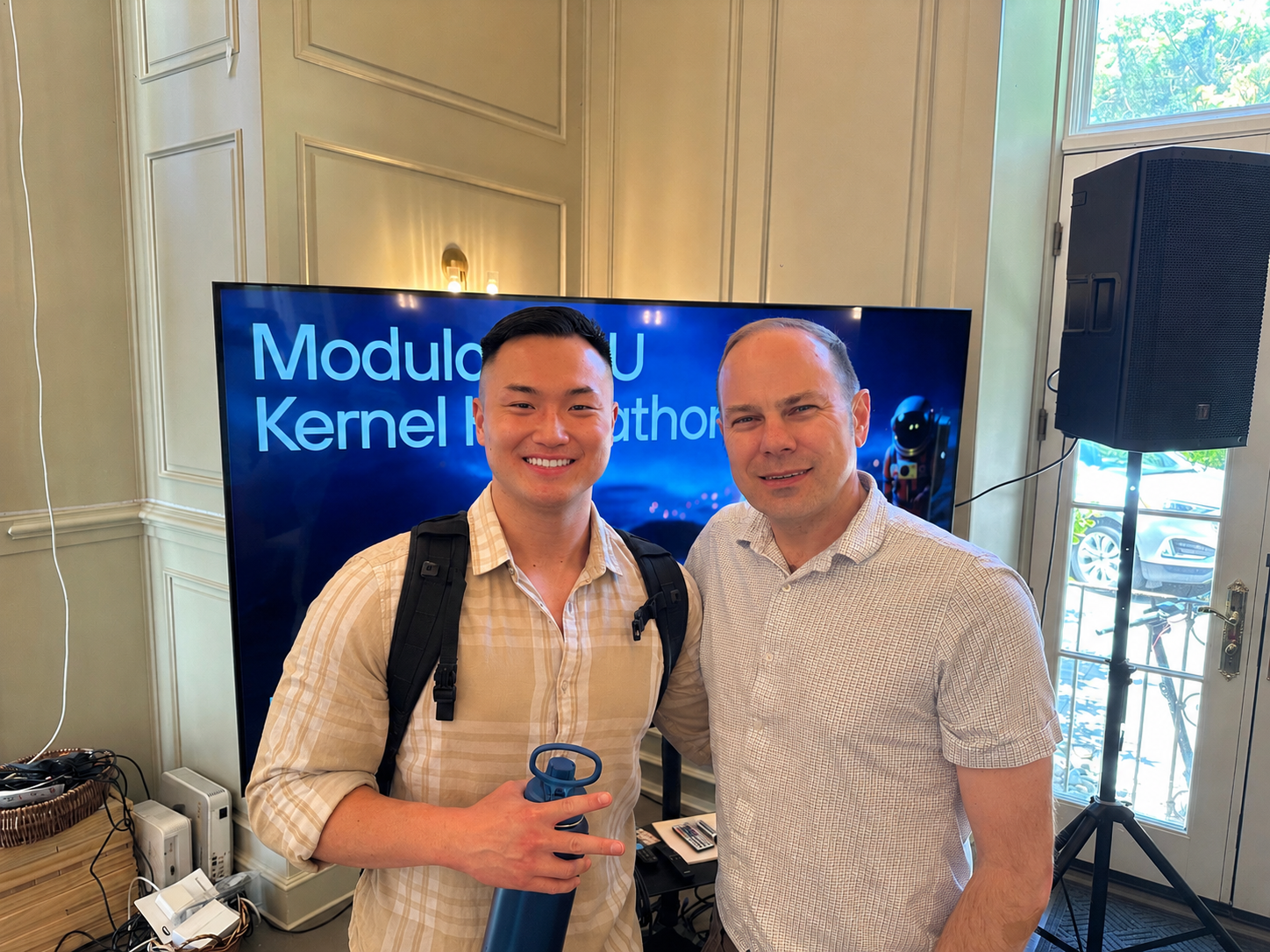 William Chen with Chris Lattner at the Modular GPU Kernel Hackathon at AGI House